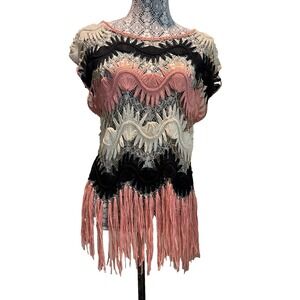 Festival woman's Crochet Open Knit Fringe Sweater Top Swim Cover up S / M